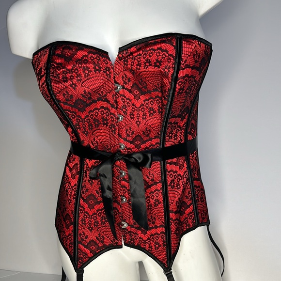 ADORE ME Scarlett Burlesque Strapless Red|Black Satin Lace Up Corset & Garters - Picture 5 of 15